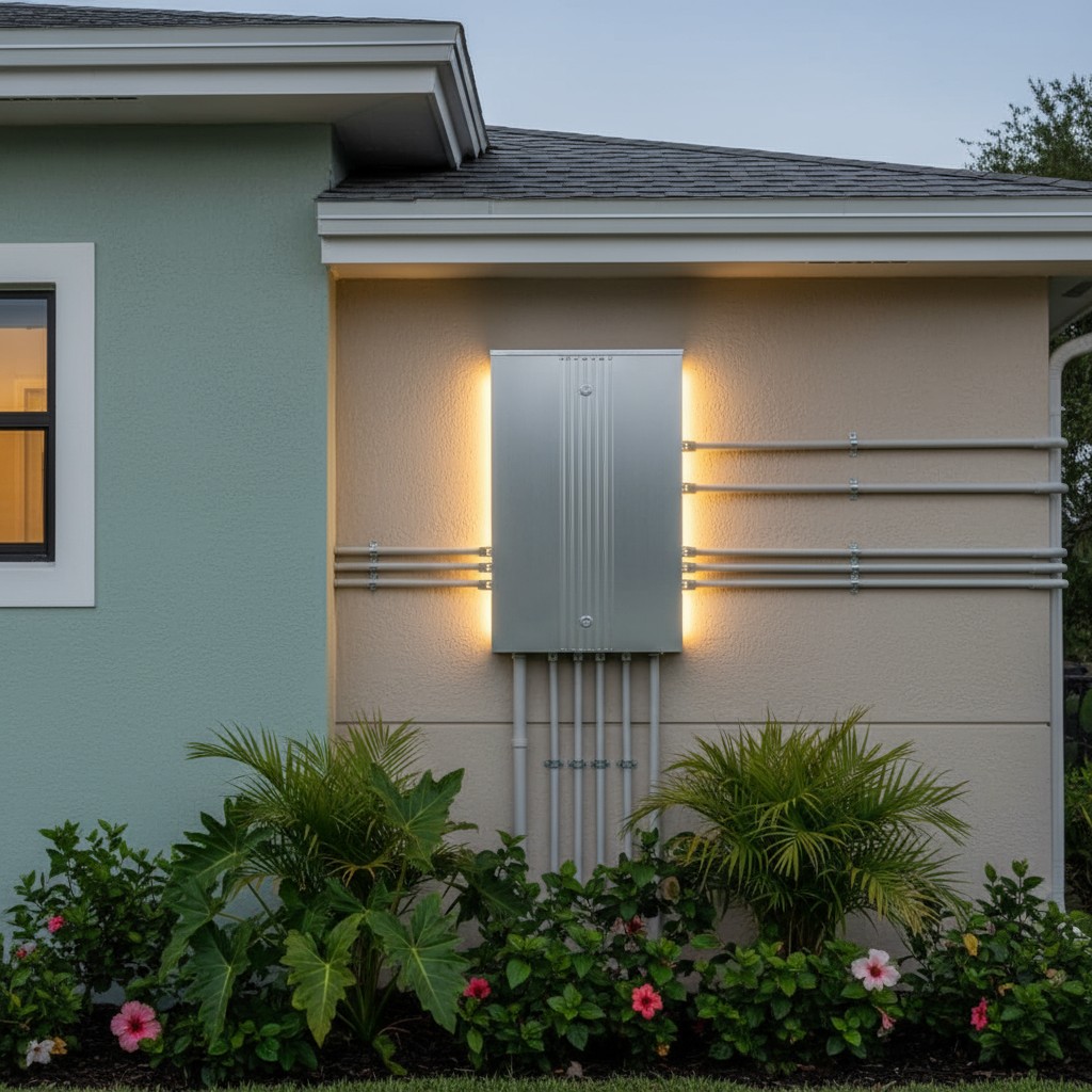 A house exterior with a vertical tall gray box and electrical wires, set against a light blue-green background and featuri...
