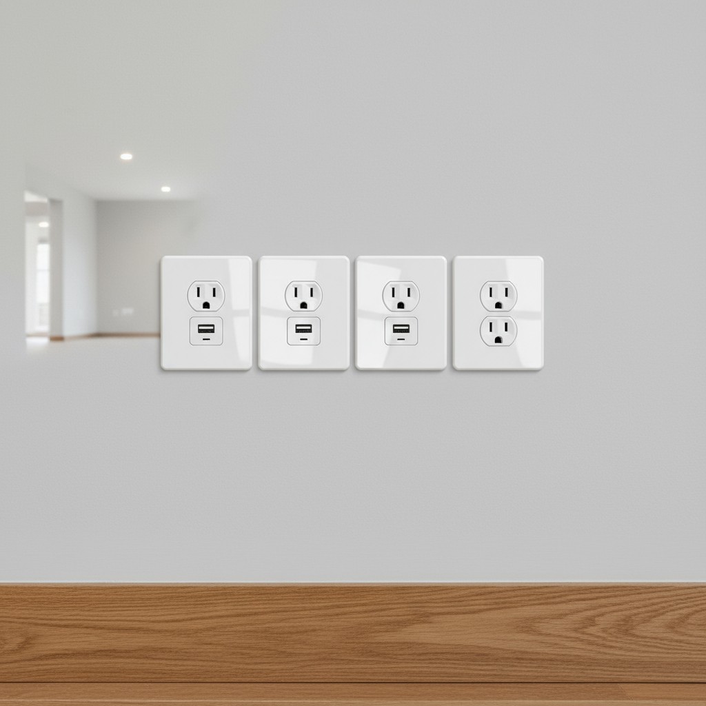 An empty room with gray walls, a white ceiling, and a hardwood floor. A row of outlets is mounted on a grey wall, four of ...